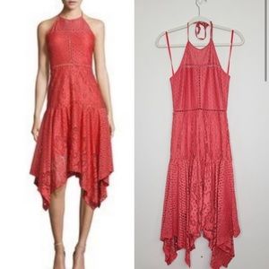 Beautiful Coral Pink Parker Lasercut Lace-Like Halter Neck Midi Dress